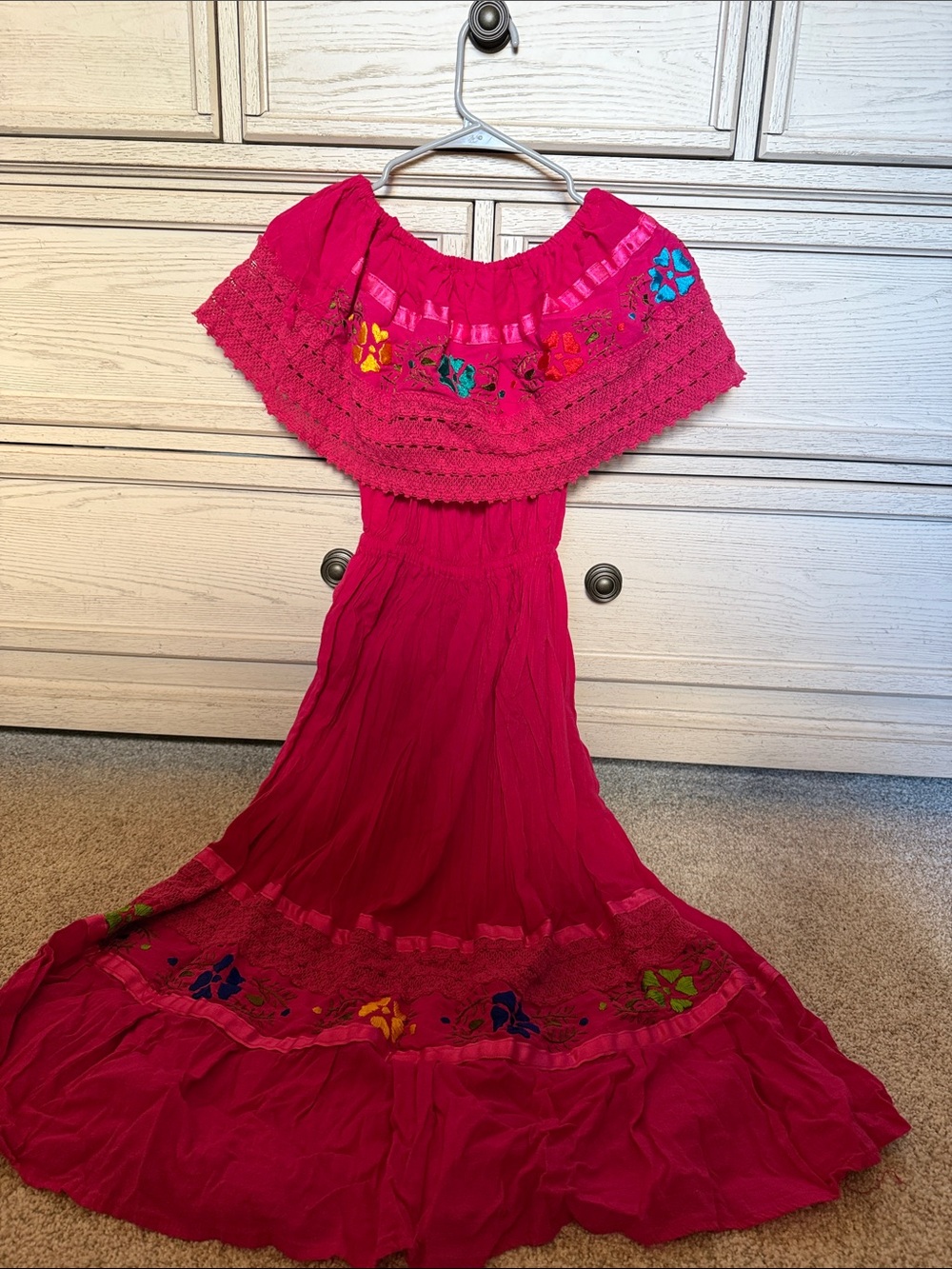 Women’s Bright Pink Off-Shoulder Embroidered Maxi Dress